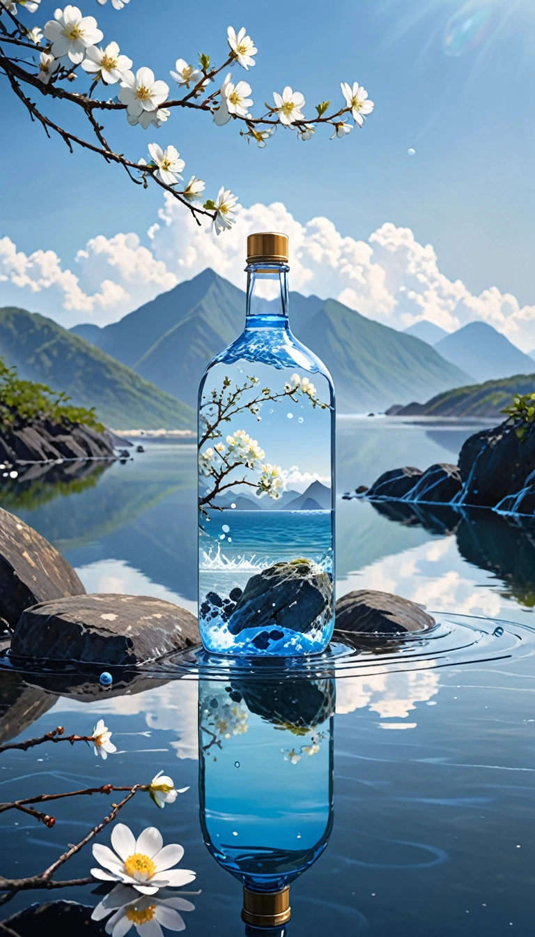 Outdoor, Bottle, water, not human, still life, vague, bubble, landscape, water drop, Ocean, null, nullnull, blue nullnull, cloud, vague background, Depth of written boundary, reflection, Lonely, rock, 运动vague, Mountain, White flower, branch, ice.