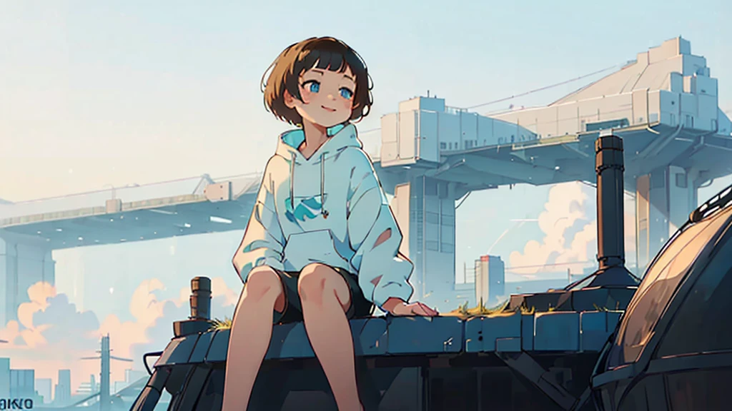 1 young asian girl, short hair, sitting, looking up at the sky, futuristic buildings, golden flying airship in the blue sky with flowing clouds, smiling, boyish, thin, wearing black shorts, white hoodie, black sneakers, (best quality,4k,8k,highres,masterpiece:1.2),ultra-detailed,(realistic,photorealistic,photo-realistic:1.37),cinematic lighting,beautiful detailed eyes,beautiful detailed lips,extremely detailed eyes and face,long eyelashes,intricate details,vibrant colors,dynamic composition,Short mash hair, short cut hair, blonde hair color, turquoise eyes,