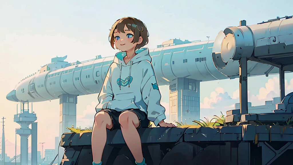 1 young asian girl, short hair, sitting, looking up at the sky, futuristic buildings, golden flying airship in the blue sky with flowing clouds, smiling, boyish, thin, wearing black shorts, white hoodie, black sneakers, (best quality,4k,8k,highres,masterpiece:1.2),ultra-detailed,(realistic,photorealistic,photo-realistic:1.37),cinematic lighting,beautiful detailed eyes,beautiful detailed lips,extremely detailed eyes and face,long eyelashes,intricate details,vibrant colors,dynamic composition,Short mash hair, short cut hair, blonde hair color, turquoise eyes,