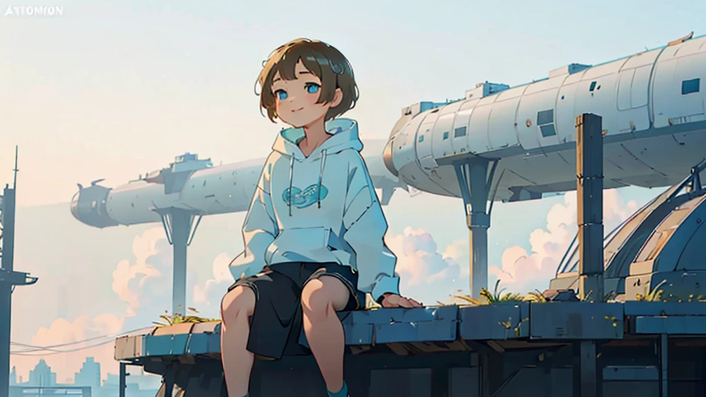 1 young asian girl, short hair, sitting, looking up at the sky, futuristic buildings, golden flying airship in the blue sky with flowing clouds, smiling, boyish, thin, wearing black shorts, white hoodie, black sneakers, (best quality,4k,8k,highres,masterpiece:1.2),ultra-detailed,(realistic,photorealistic,photo-realistic:1.37),cinematic lighting,beautiful detailed eyes,beautiful detailed lips,extremely detailed eyes and face,long eyelashes,intricate details,vibrant colors,dynamic composition,Short mash hair, short cut hair, blonde hair color, turquoise eyes,