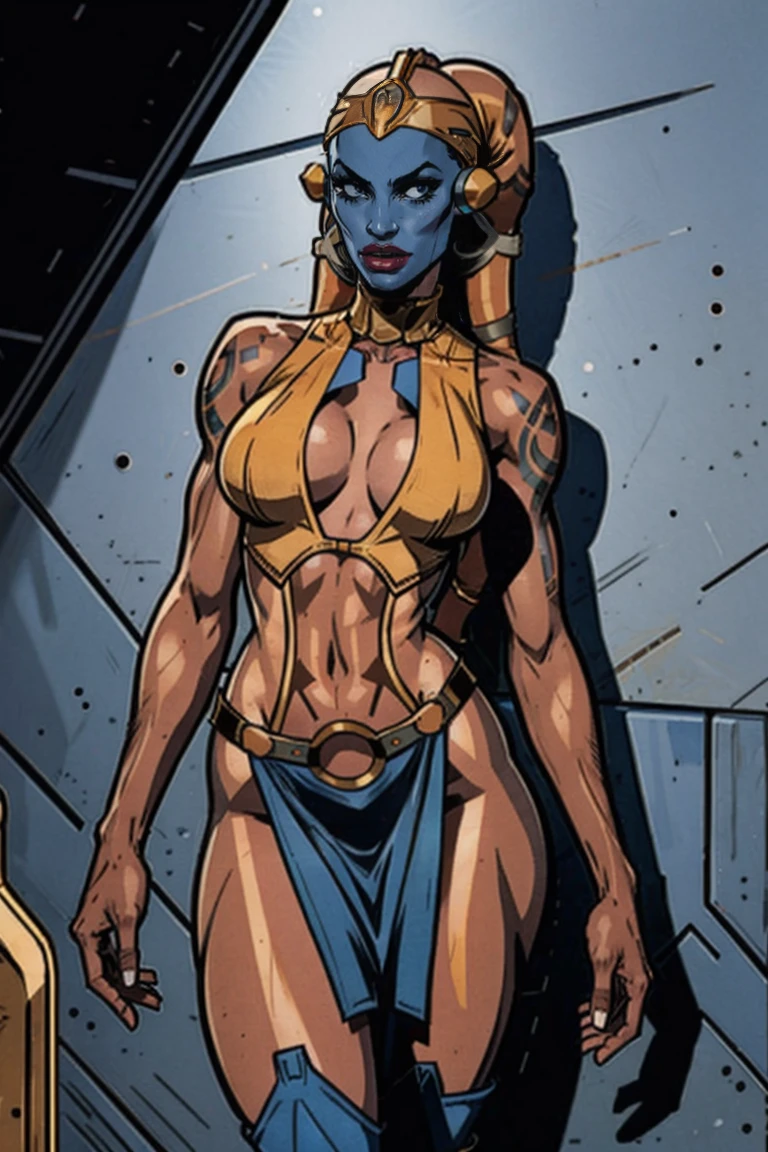 Tall Blue Skin Twi'lek with (huge breasts) wearing a tight short gold minidress, short dress, miniskirt, high neck, sleeveless, (keyhole cleavage), tattoos, huge breasts, cleavage, tall, graceful, (tall, long legs), toned, slim hips, small waist, full-body shot