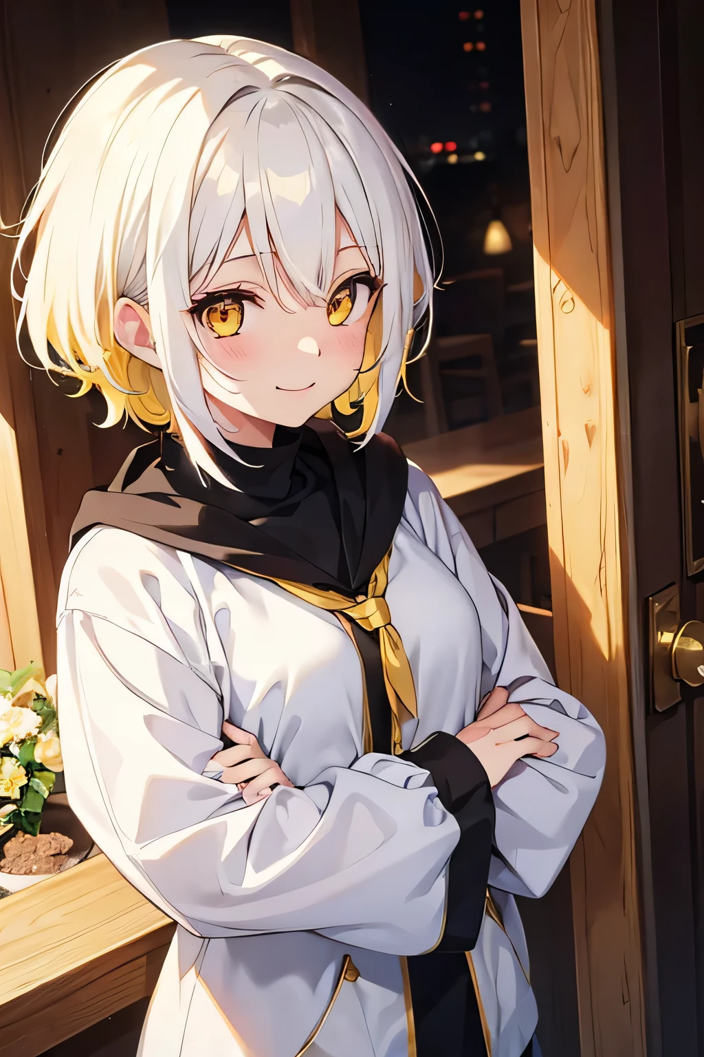 girl, cute anime girl, smiling, white hair and yellow hair, short hair, messy hair, golden eyes, eyes light up
