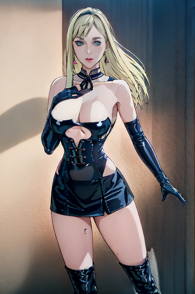 BDSM、Queen、mistress、(((One girl)))、solo、(((Black latex elbow gloves:1.4 )))、(((Black latex corset dress:1.4)))、(((The corset dress is decorated with beautiful lace.)))、(((Corset dress with shoulder straps)))、(((Black latex tight mini skirt:1.4)))、(((Black Thigh Boots)))、(((Black fishnet stockings:1.2 )))、(((Stiletto heels:1.4)))、(((Black latex panties)))、(((Black latex bra)))、(((Black leather collar)))、((( pose:1.4 )))、Wide-open legs:1.2、(((Erotic)))、(((Cowboy Shot)))、(((Sexye)))、Spread your legs、(((erotic)))、(((Cowboy Shot)))、Slim figure、Thin thigh style、Standard-size bust:1.2、(((erotic)))、blush、eyelash, eyehadow, face, lips, Compensate,Earrings、Full body black costume:1.4、
bangs, (((blonde:1.2))), aqua blue eyes:1.2, Long Hair,
1 Girl, 20 years,young woman,beautiful Finger,beautiful long legs,beautiful body,
beautiful Nose,beautiful character design, perfect eye, perfect face,expressive eye,Perfect balance,
Looking at the audience,(Focus on her face),Mouth closed, (Innocent_big_eye:1.0),(Light_笑face:0.3),
Official Art,Very detailedな CG Unity 8k 壁紙, perfect Lighting,colorful, bright_front_face_Lighting,White skin,Perfect anatomical flexibility:1.0),(Highest_quality:1.0), 超High resolution,4K,Very detailed,
photo shoot, 8k, High resolution, High resolution, Confused:1.2, Kodak Portrait 400, Film Grain, Blurred Background, Bokeh:1.2, Lens flare, (Vibrant_color:1.2),Professional photos,
(beautiful,_chest:1.4), (beautiful_face:1.5),(narrow_Waist),