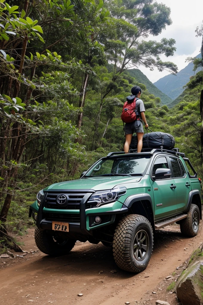 A young Thai model is hiking in an adventure outfit. Behind her is a Toyota 4wd.