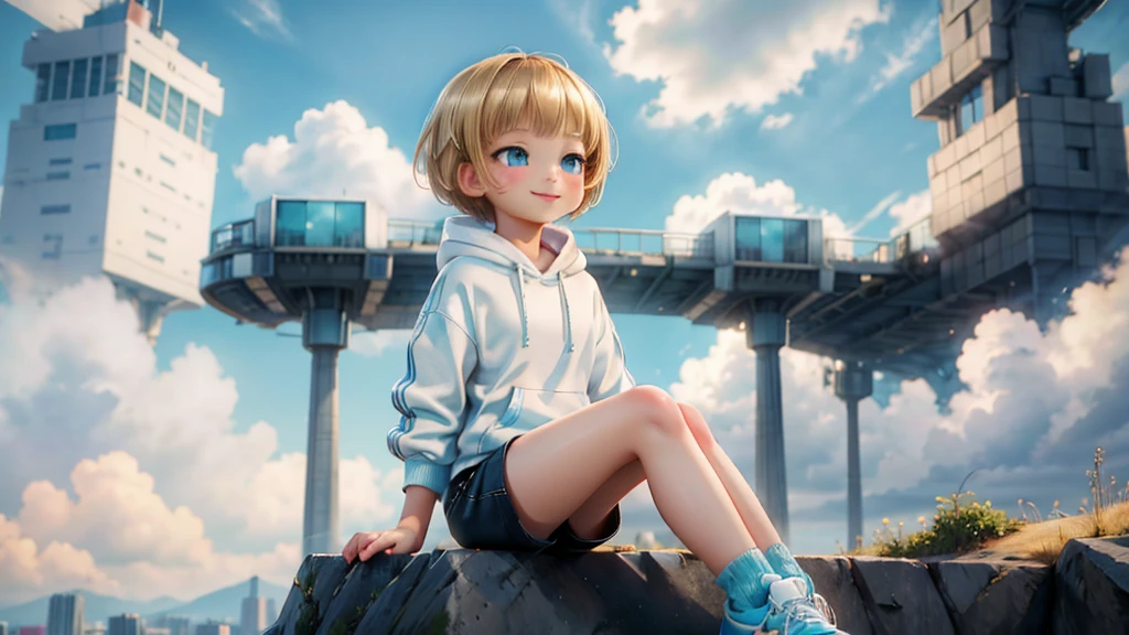 1 young asian girl, short hair, sitting, looking up at the sky, futuristic buildings, golden flying airship in the blue sky with flowing clouds, smiling, boyish, thin, wearing black shorts, white hoodie, black sneakers, (best quality,4k,8k,highres,masterpiece:1.2),ultra-detailed,(realistic,photorealistic,photo-realistic:1.37),cinematic lighting,beautiful detailed eyes,beautiful detailed lips,extremely detailed eyes and face,long eyelashes,intricate details,vibrant colors,dynamic composition,Short mash hair, short cut hair, blonde hair color, turquoise eyes