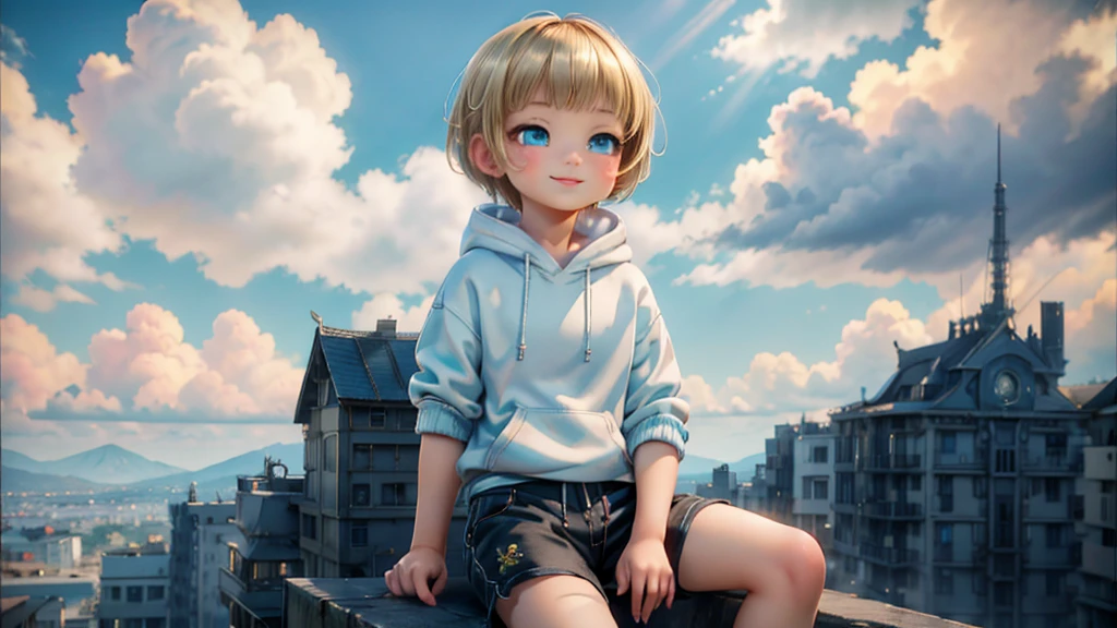 1 young asian girl, short hair, sitting, looking up at the sky, futuristic buildings, golden flying airship in the blue sky with flowing clouds, smiling, boyish, thin, wearing black shorts, white hoodie, black sneakers, (best quality,4k,8k,highres,masterpiece:1.2),ultra-detailed,(realistic,photorealistic,photo-realistic:1.37),cinematic lighting,beautiful detailed eyes,beautiful detailed lips,extremely detailed eyes and face,long eyelashes,intricate details,vibrant colors,dynamic composition,Short mash hair, short cut hair, blonde hair color, turquoise eyes