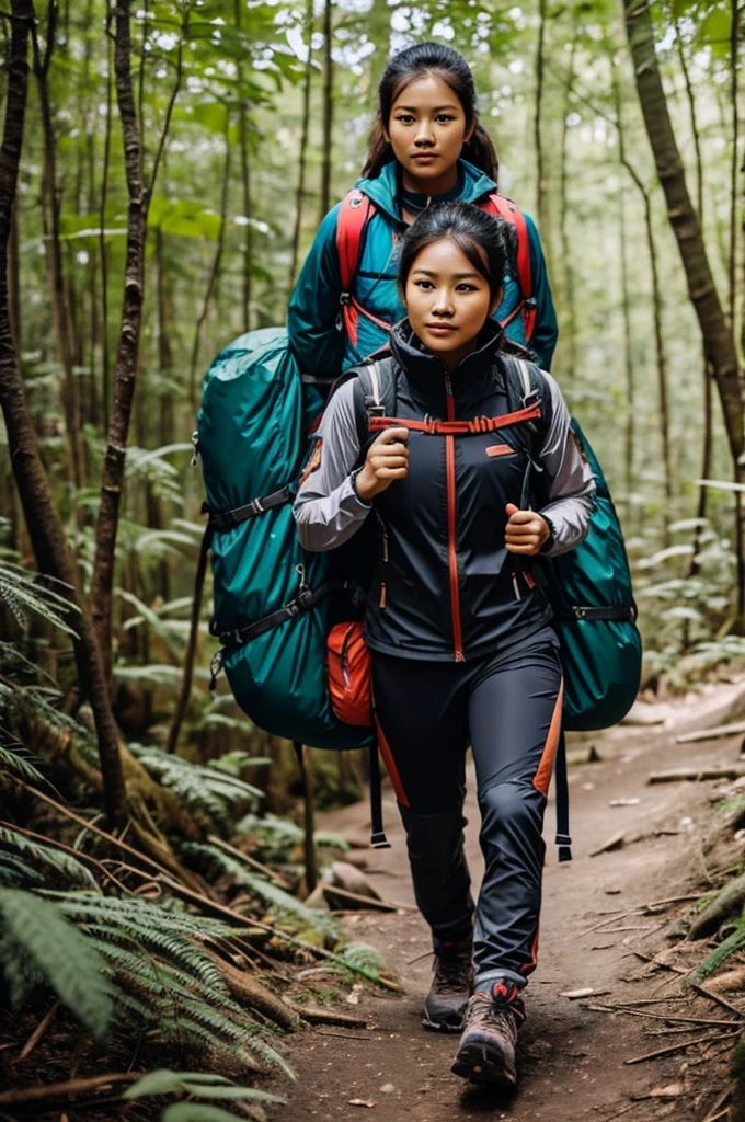 Thai female model wearing adventure clothes, going hiking. 