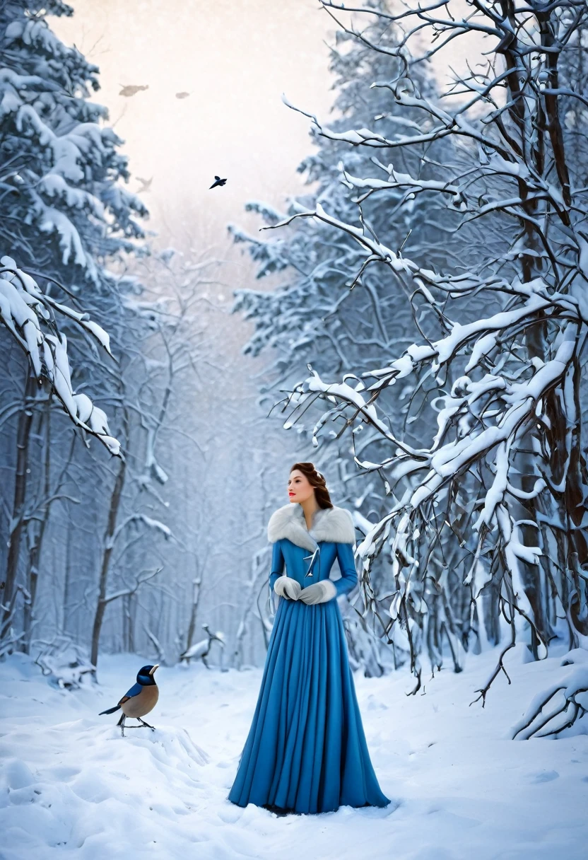there is a woman that is standing in the snow with a bird, winter scene fantasy, inspired by Alexander Deyneka, by Igor Grabar, winter season, by Hristofor Zhefarovich, in a snowy forest setting, winter time, winter in the snow, winter setting, in the winter, winter princess, andrey gordeev, wonderful