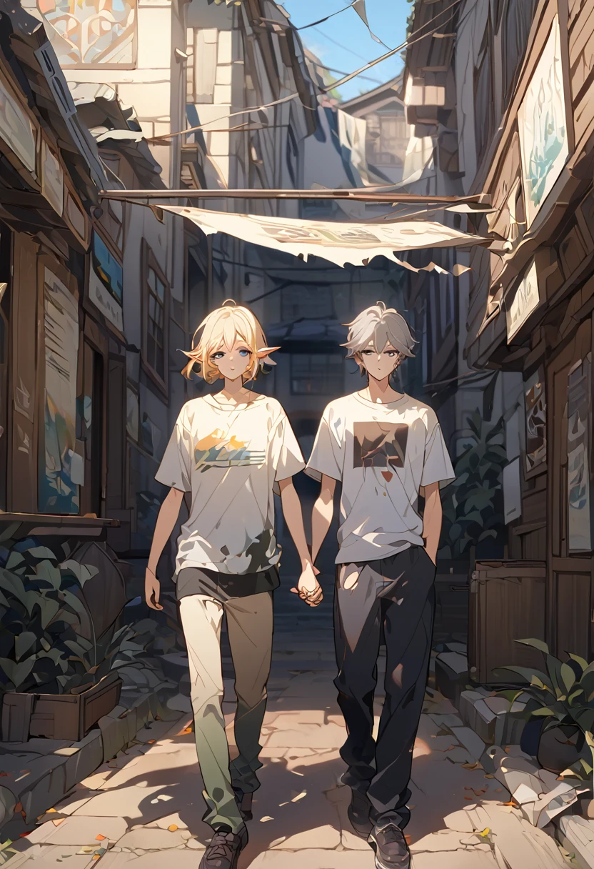 masterpiece, best quality, 8k ,4k, 2 boys, elf boys, long ears elf, twin elf, (one boy dark grayish hair with dark greenish eyes, torn and worn out clothes, thin body), (one boy light blond hair with dark bluish eyes, clean and neat clothes), stand side by side, holding hand, inspired by Asukaziye artist : ask, art style : ask