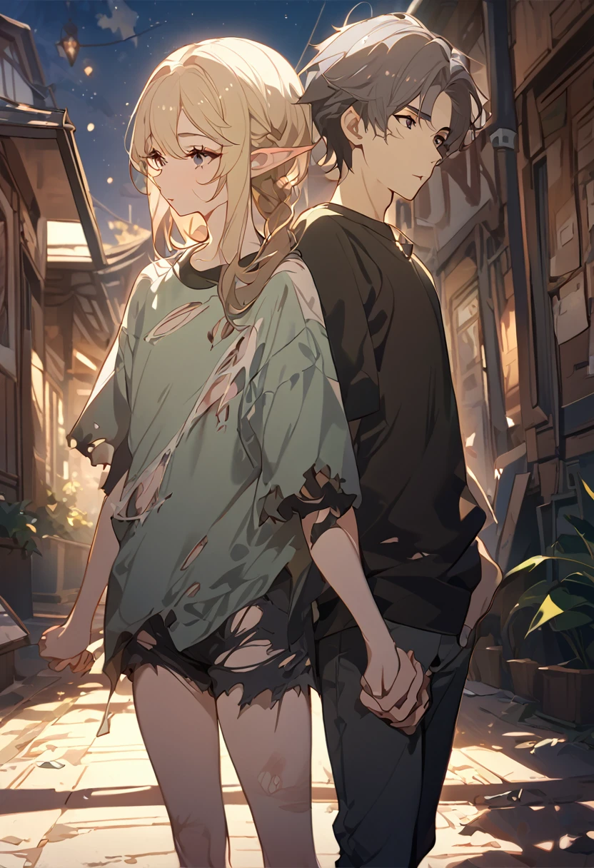 masterpiece, best quality, 8k ,4k, 2 boys, elf boys, long ears elf, twin elf, (one boy dark grayish hair with dark greenish eyes, torn and worn out clothes, thin body), (one boy light blond hair with dark bluish eyes, clean and neat clothes), stand side by side, holding hand, inspired by Asukaziye artist : ask, art style : ask