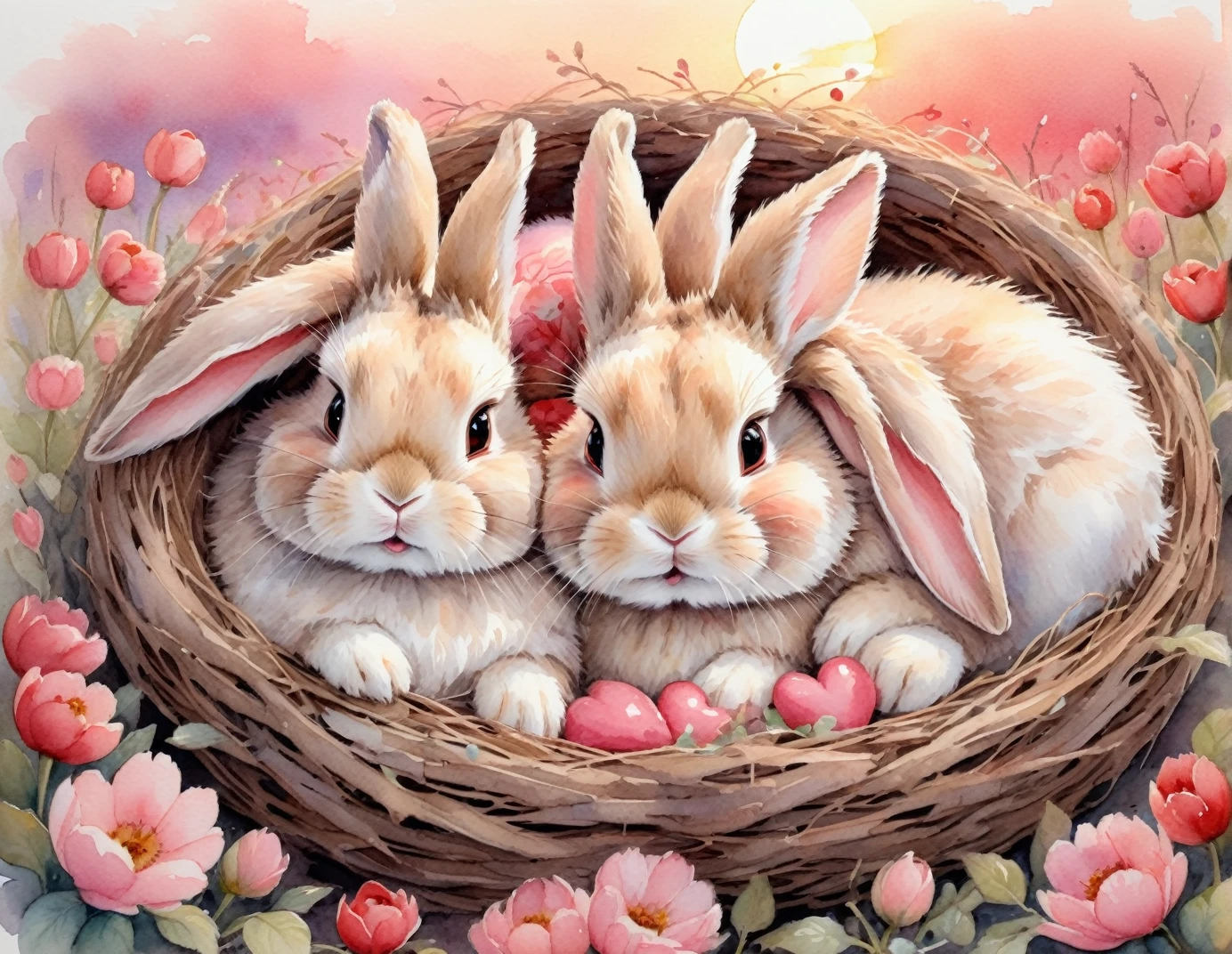Two fluffy bunnies in love cuddling in a cozy nest, Valentine's Day, adorable, whimsical, hearts, affectionate, cuddling, soft fur, tiny paws, expressive eyes, pink and red, flowers, sunset glow, whimsical watercolor, Beatrix Potter