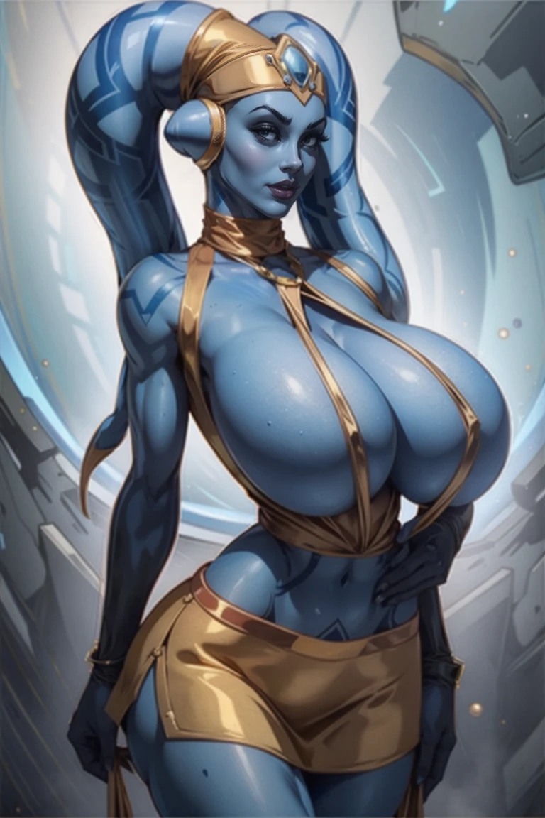Tall Blue Skin Twi'lek with (huge breasts) wearing a tight short gold minidress, short dress, ((miniskirt)), high neck, sleeveless, (keyhole cleavage), tattoos, huge breasts, cleavage, tall, graceful, (tall, long legs), toned, slim hips, small waist, full-body shot