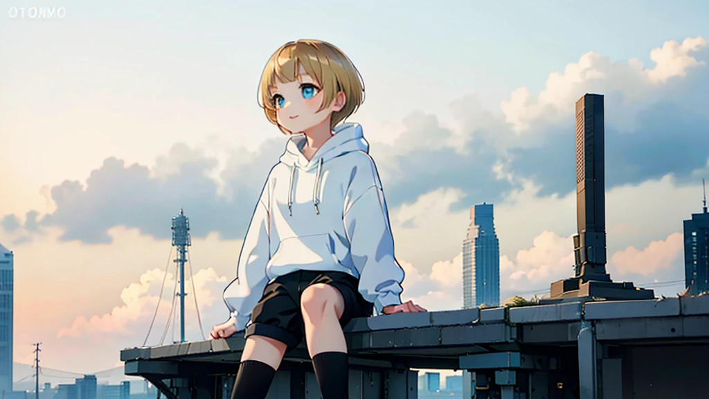 ung asian girl, short hair, sitting, looking up at the sky, futuristic buildings, golden flying airship in the blue sky with flowing clouds, smiling, boyish, thin, wearing black shorts, white hoodie, black sneakers, (best quality,4k,8k,highres,masterpiece:1.2),ultra-detailed,(realistic,photorealistic,photo-realistic:1.37),cinematic lighting,beautiful detailed eyes,beautiful detailed lips,extremely detailed eyes and face,long eyelashes,intricate details,vibrant colors,dynamic composition,Short mash hair, short cut hair, blonde hair color, turquoise eyes,