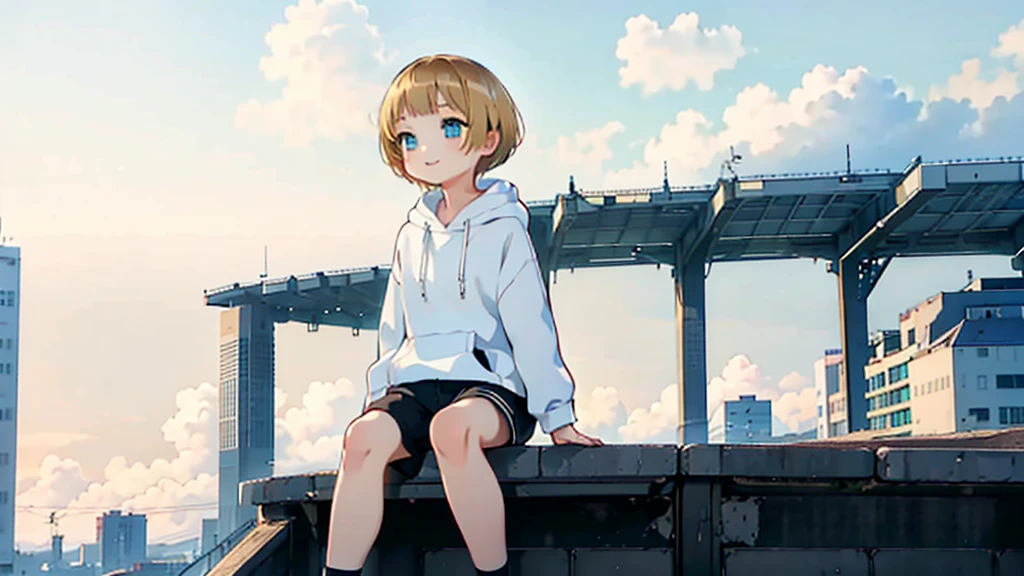 1 young asian girl, short hair, sitting, looking up at the sky, futuristic buildings, golden flying airship in the blue sky with flowing clouds, smiling, boyish, thin, wearing black shorts, white hoodie, black sneakers, (best quality,4k,8k,highres,masterpiece:1.2),ultra-detailed,(realistic,photorealistic,photo-realistic:1.37),cinematic lighting,beautiful detailed eyes,beautiful detailed lips,extremely detailed eyes and face,long eyelashes,intricate details,vibrant colors,dynamic composition,Short mash hair, short cut hair, blonde hair color, turquoise eyes,