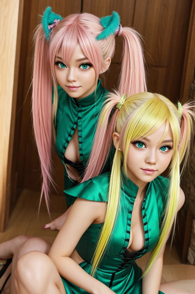 dragon furry pink skink sexy cute light yellow hair Twintail hairstyle Eyes emerald green