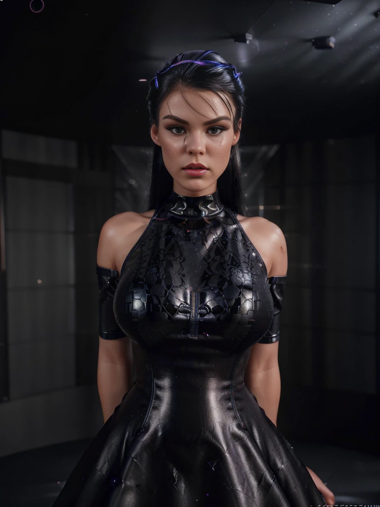 1girl,latex dress,(barbie body),(deep neckline:1.4),beautiful detailed eyes,beautiful detailed lips,extremely detailed face and skin,masterpiece,(best quality,8k,hyper-detailed,photorealistic:1.4),(intricate,highly detailed,cinematic lighting:1.2),dramatic lighting,elegant,dramatic pose,sensual,elegant,fair skin,flawless skin