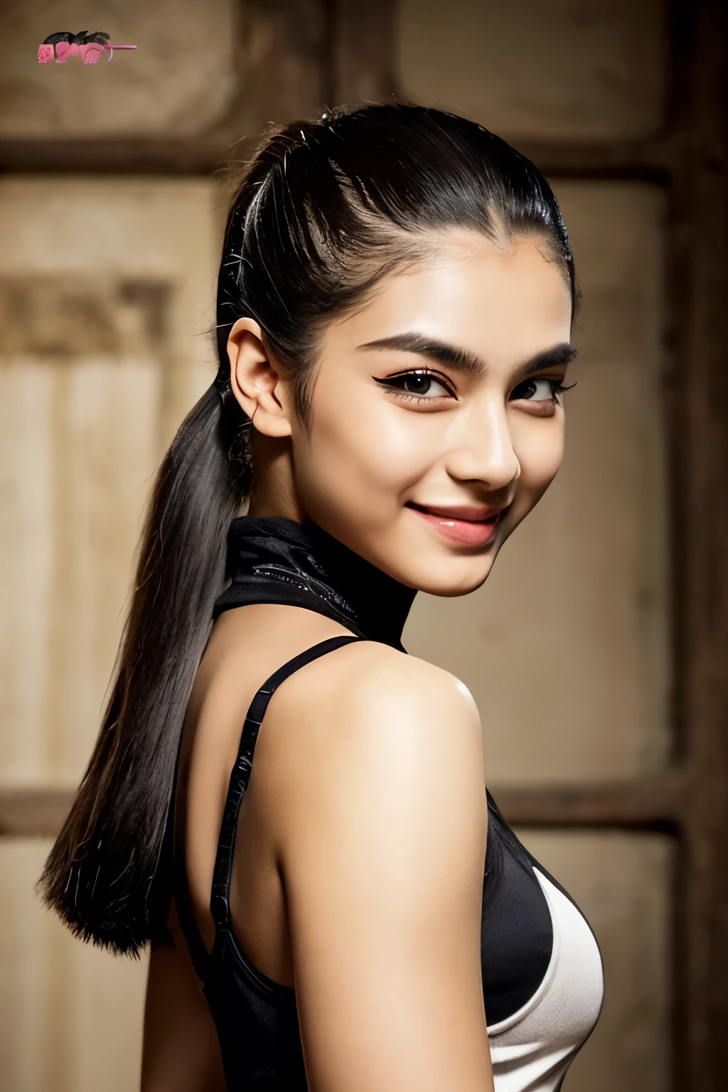 16 years Blond black hair, long hair with pony tail and bangs, slicked back hair, dominant, brown eyes, dominant eyes, eye contact, arrogant,thick eyebrows, evil smile, smirk, black eyeliner, sporty, tall, model, posing, dungeon, Create an intense, evocative full body in the Indian full body 