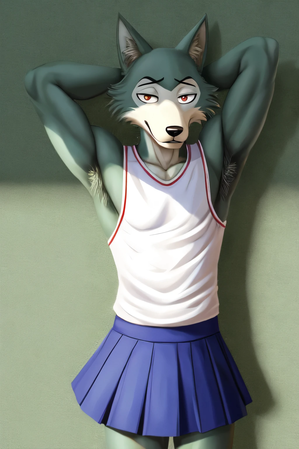 Male, wolf, Legoshi, Beastars, masculine, shy expression, raised arm, showing armpit, hairy armpit, Japanese , school outfit, white sleeveless shirt, small blue skirt, erection, big penis, penis under skirt, crossdressing