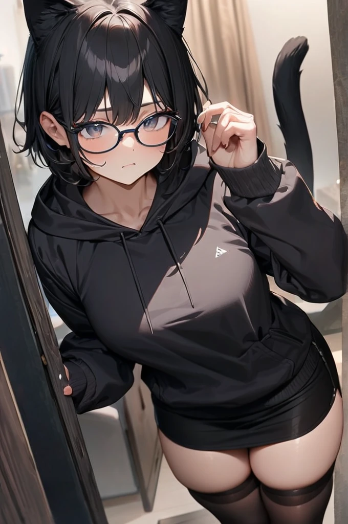 ((Best quality)), ((masterpiece)), (detailed), , black short hair, black hoodie, black miniskirt, stockings, glasses, cat ears, cat tail