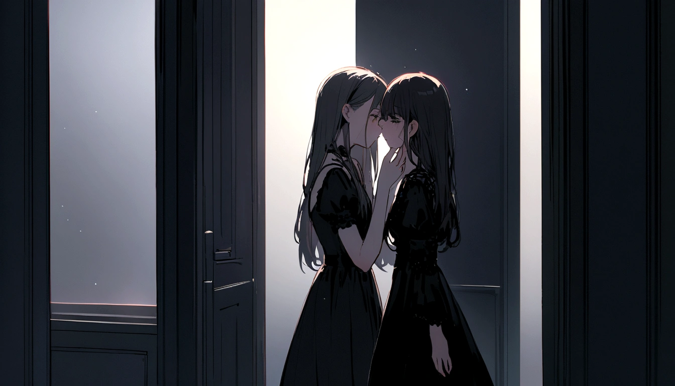 cute, young beautiful girl in a black dress, girl in a room with black walls, girl in a dark room, bright light on the girl’s face Standing to the side and crying, she was very sad.