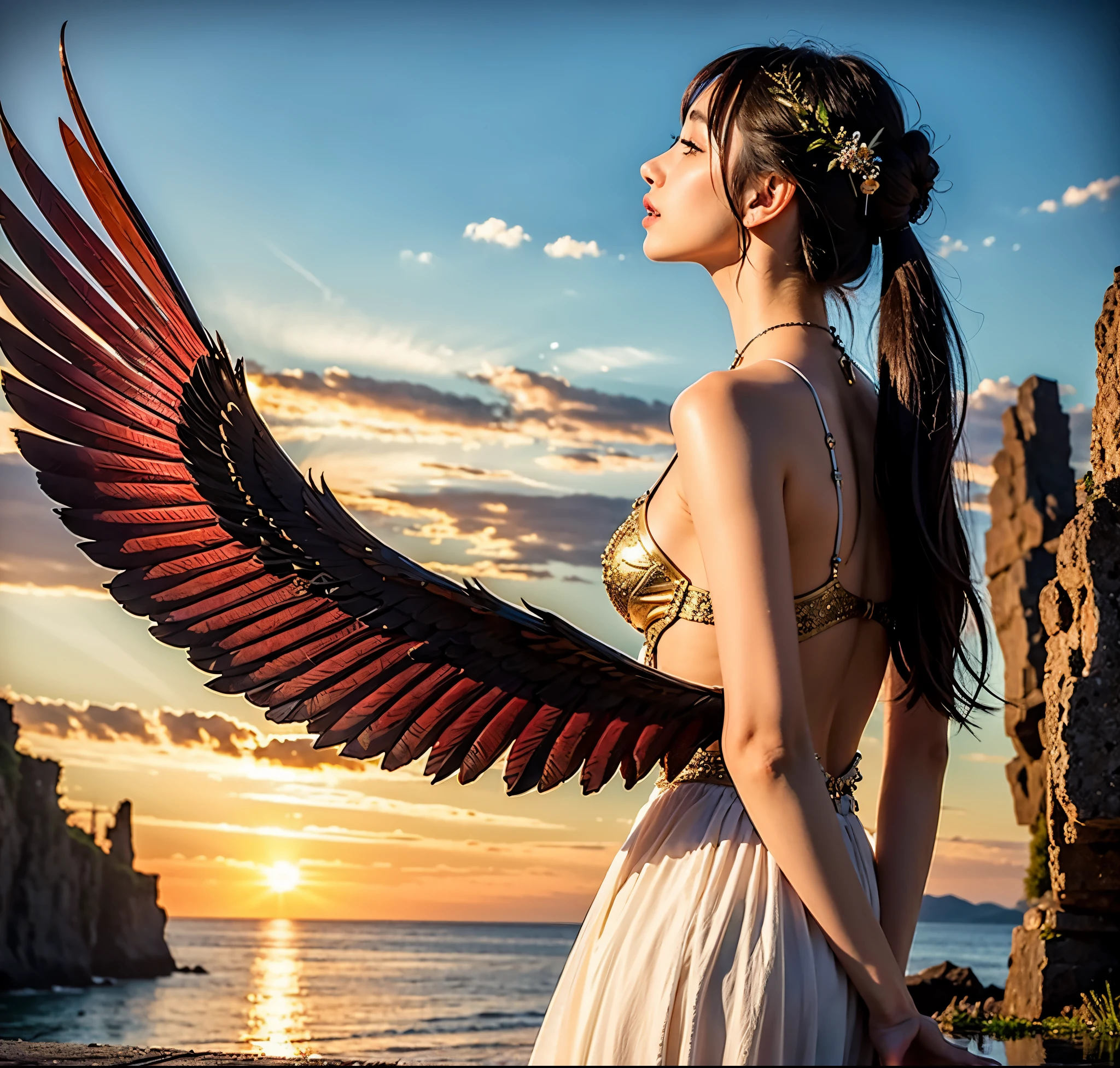 ((Highest quality)), ((masterpiece)), (detailed), One girl, wing,Back view,null,Fantasy,Floating