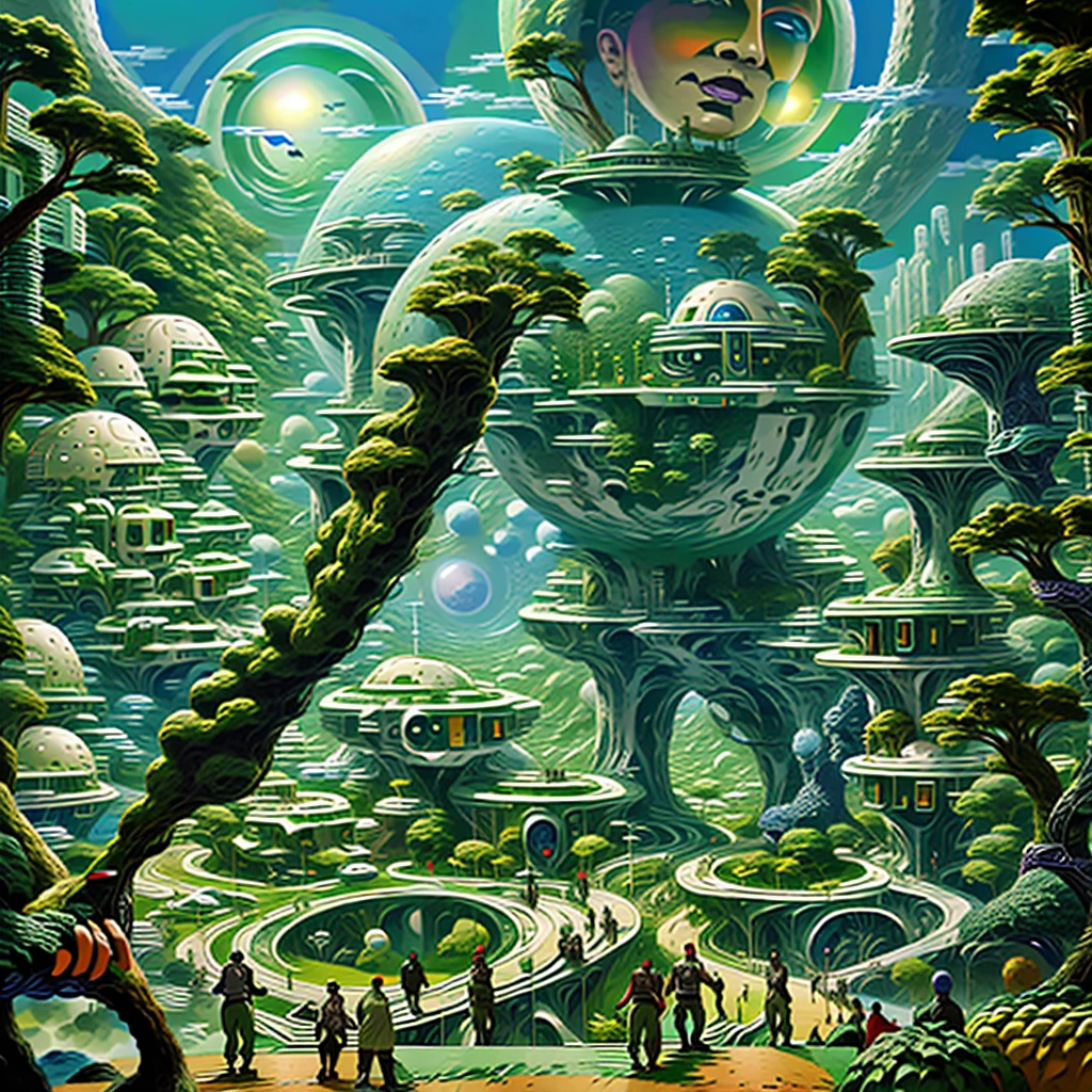 people walk along the path of a futuristic city, utopian jungle in space, Futuristic Valley, Futuristic utopian fantasy, Utopian City, Solarpunk utopia, solarpunk Futuristic utopia, solarpunk village, downtown Solarpunk utopia, Futuristic utopia, retrofuturistic science fantasy, Solarpunk city, Utopian art, Futuristic painting, science fantasy painting