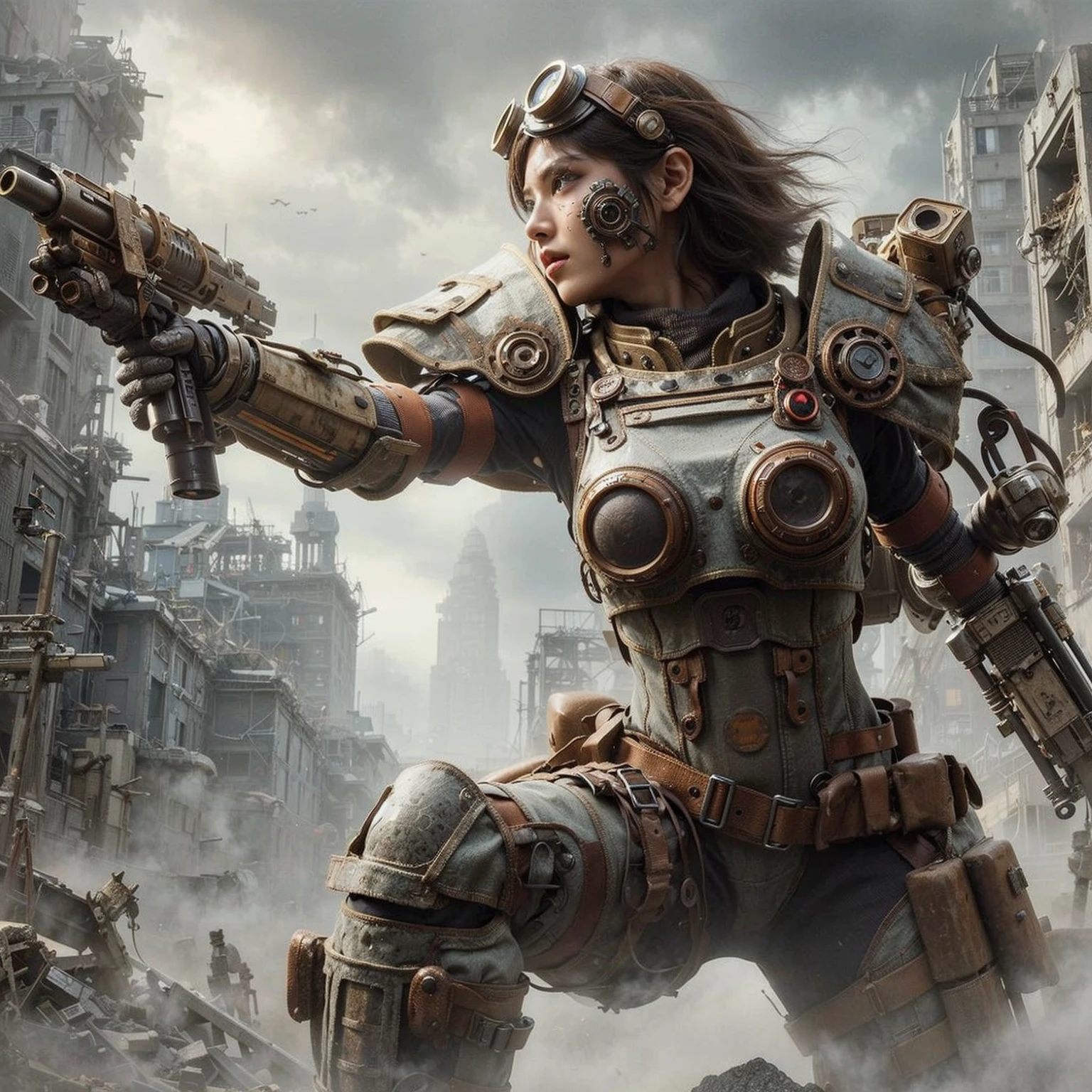superrealism, ultra high res,8k,(Photorealsitic:1.4), (WWⅡ-like mechanical suit), Collapsed Cities, heavy weapons,vivid textures, beautiful hair, japanese female soldier,17 years old, (beautiful idle face),legs, ((super realistic all textures)), ((super intricate all details)), full body shot, ultra sharp photo result, beige color, scratch, Rust, weathering, Sweat, move, operational action in progress, steampunk, taken with Fuji film X-T30+Nokton. HDR10,Minimum of 4 pieces created
