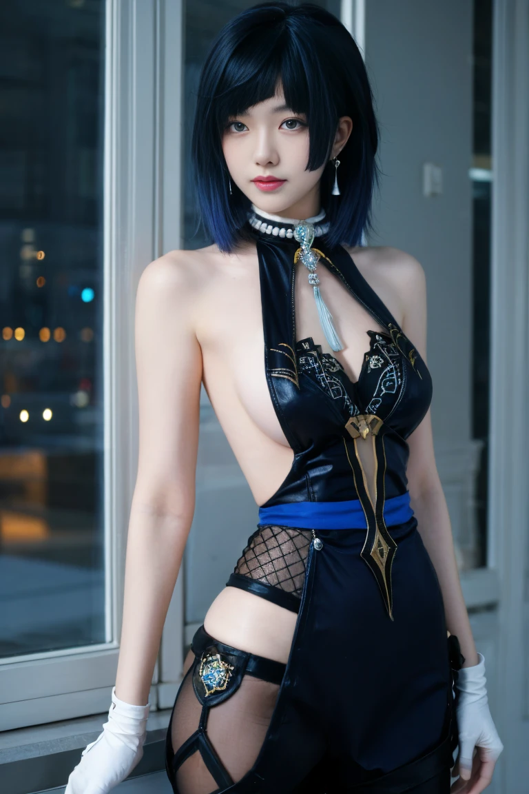 best quality, tmasterpiece,Ultra-high resolution,Clear face,（Reality：1.4），ferpect lighting，(upper body shot:1.5), (photorealistic:1.30), anime wallpaper, Guviz style artwork, cover-up fantasy up to magic , by Yang J, Guviz, beautiful artwork illustration, beautiful digital artwork, beautiful digital illustration, Li Song, beautiful anime portrait, art style in Beauvot, yelan \(genshin impact\), 1girl, solo, black hair, blue hair, short hair,bodysuit, blue bodysuit, standing, (looking at viwer:1.5),