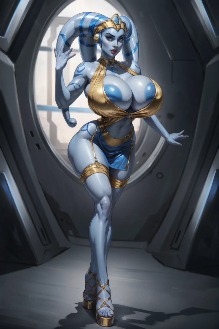 Tall Blue Skin Twi'lek with (huge breasts) wearing a tight short gold minidress, short dress, miniskirt, high neck, sleeveless, (keyhole cleavage), tattoos, huge breasts, cleavage, tall, graceful, (tall, long legs), toned, slim hips, small waist, full-body shot