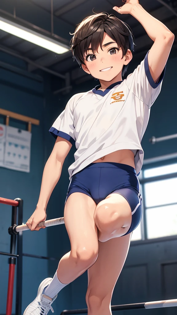Kinichi Hagimoto、A boy doing gymnastics in a gym uniform、A radiant smile