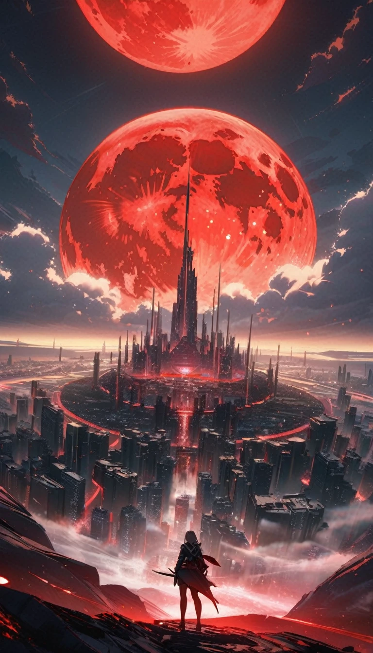 (Perfect Quality), (Red & White), In a flat landscape, (1 moon), (Giant Night Metropolis), (Huge red moon), mist, wide shot, atmospheric perspective, perspective, Masterpiece, highres, HD, 4K, best quality, award winning, high quality, super detail, accurate, masterpiece, UHD
