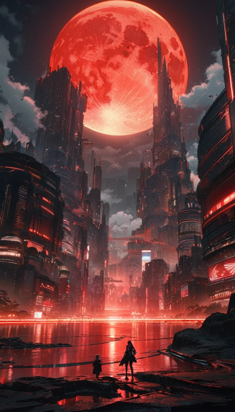 (Perfect Quality), (Red & White), In a flat landscape, (1 moon), (Giant Night Metropolis), (Huge red moon), mist, wide shot, atmospheric perspective, perspective, Masterpiece, highres, HD, 4K, best quality, award winning, high quality, super detail, accurate, masterpiece, UHD