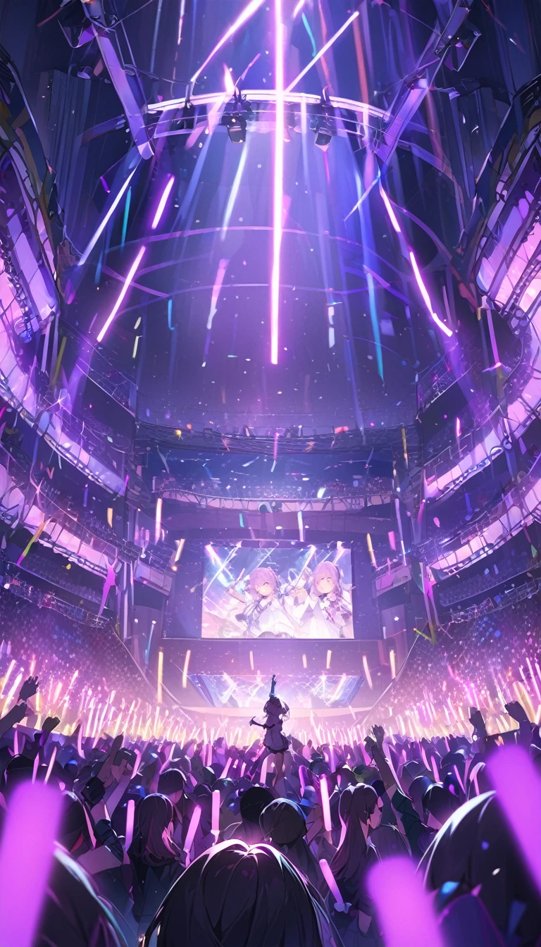 At the concert venue, many purple glow sticks are waved、