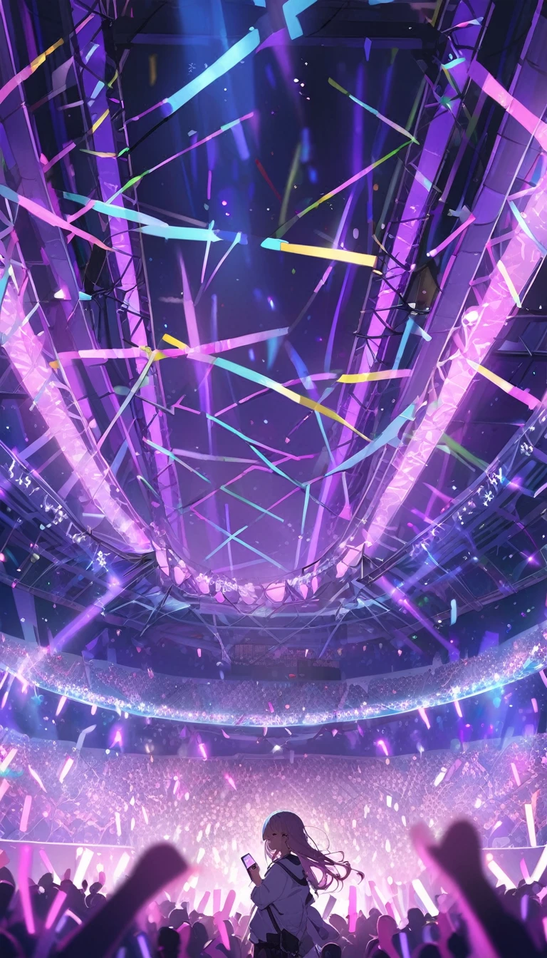 At the concert venue, many purple glow sticks are waved、