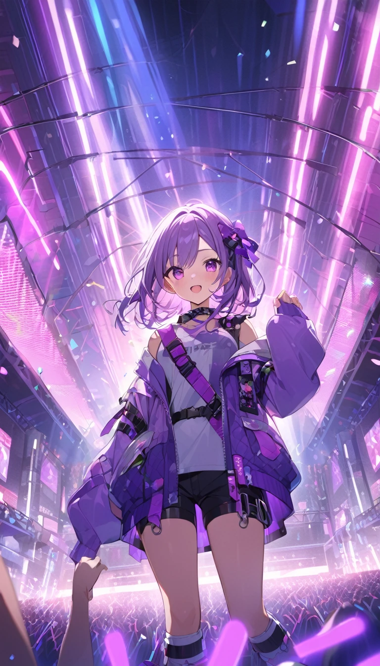 At the concert venue, many purple glow sticks are waved、
