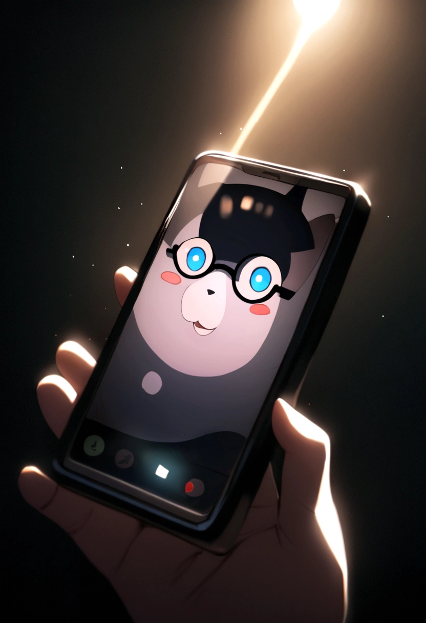A black cat wearing glasses is playing with a mobile phone