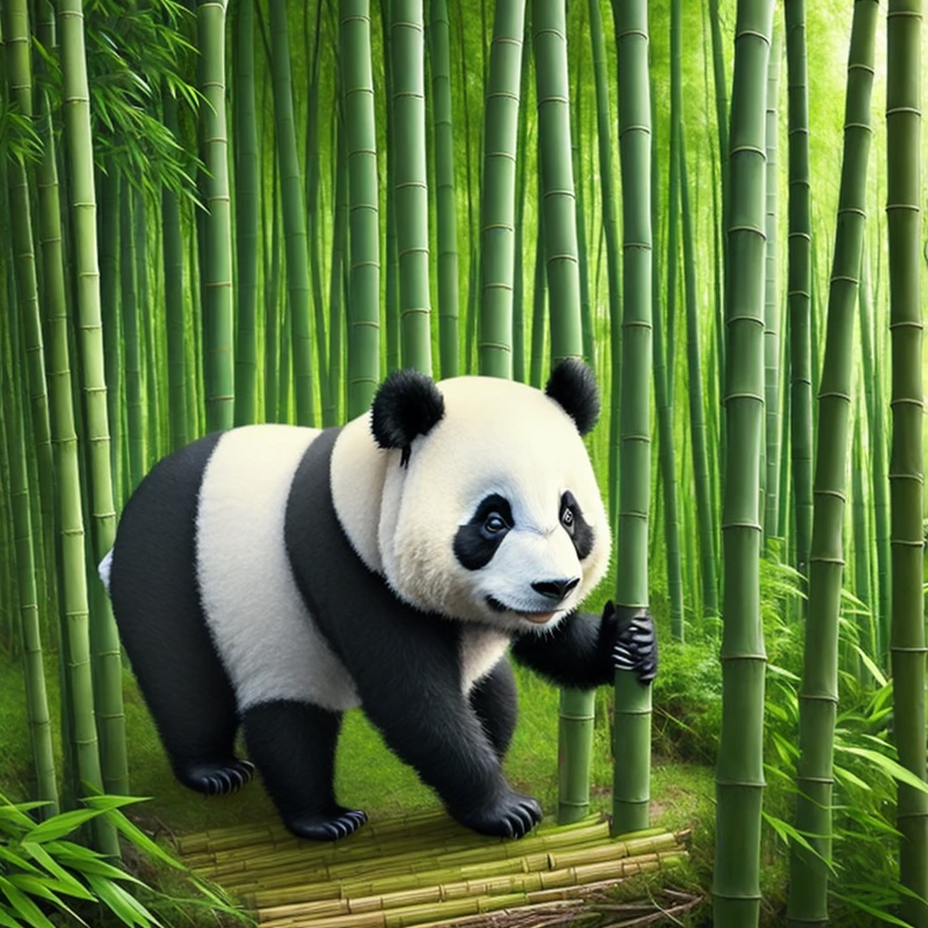 Draw a panda in a bamboo forest