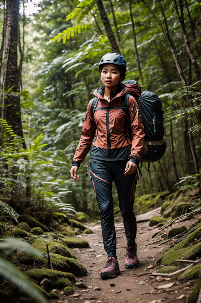 A Thai female model wearing adventure clothing is hiking.