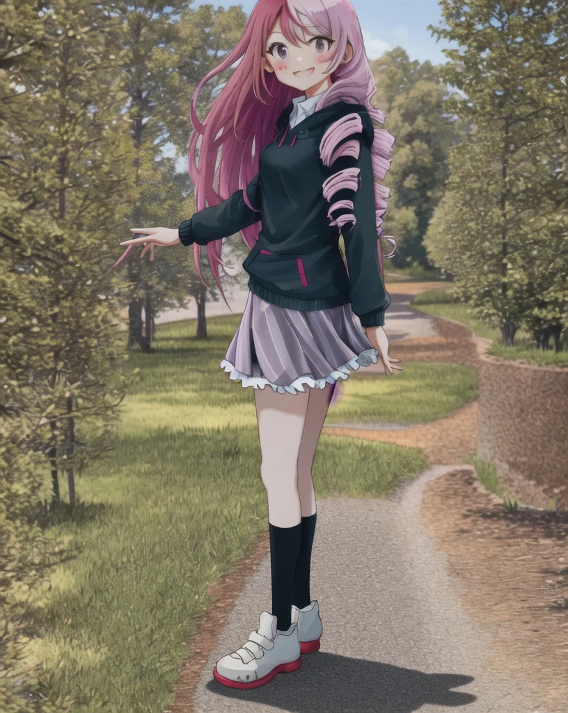 {{{masterpiece}}}, {{{Highest quality}}},megumegu, One girl, alone, Knee socks, Multicolored Hair, Pink Hair, Split Color Hair, Striped, Asymmetrical legwear, Mismatched legwear, Food, Long Hair, Purple eyes, Two-tone hair,Drill Hair, [Face 2 pink heart mark],rabbit Food, View your viewers, skirt, Foodie, animal Food, blush, shoes, Striped Knee socks,Are standing,smile
,nice,utopianism,nature,Refined rendering,original,Deepening the contours,High-key, low-variation brightness scale,Soft Light,Light and darkness intertwined  