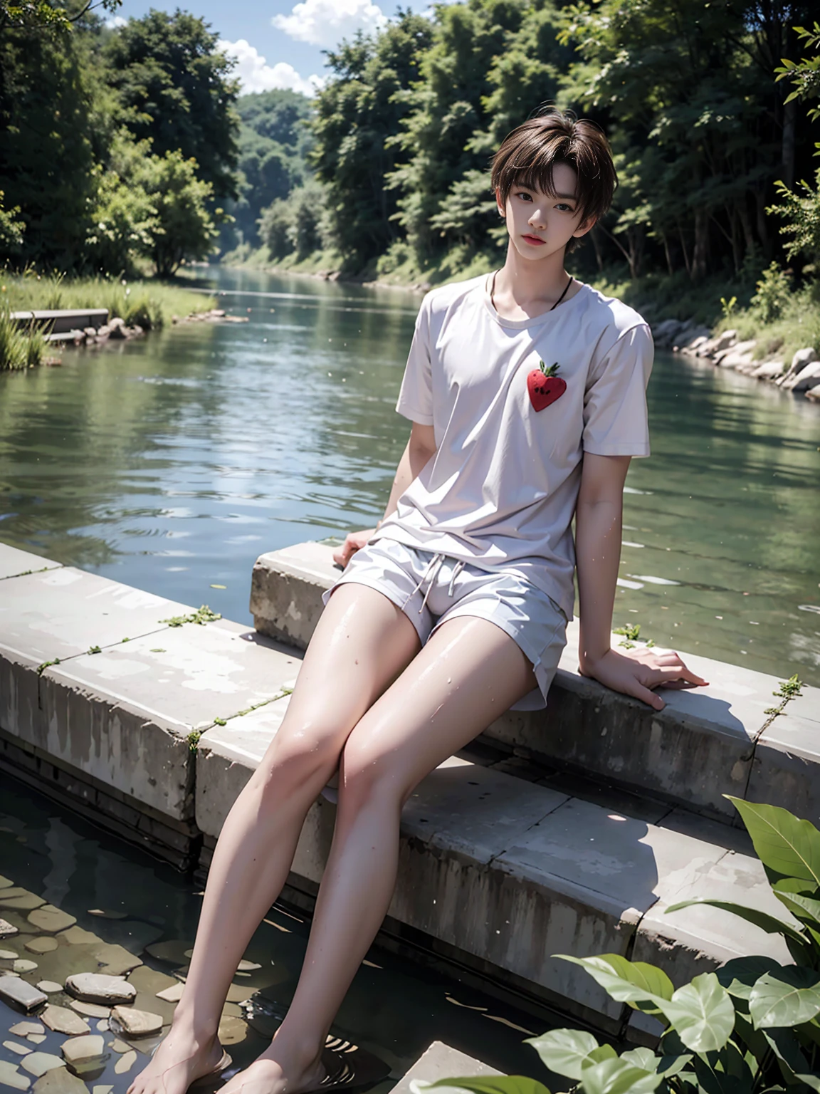 masterpiece,best quality, White shorts, white shirt, (A -yeld taboy:1.2), (Take a bath in the river:1.2),Front view, Handsome and cute face,Perfectly detailed facial features,barefoot,leaning back, two Feet in the water,head tilt, happy, very short hair, brown hair,(looking at viewer:1.2), sky,forest, river, Watermelon floating on the water