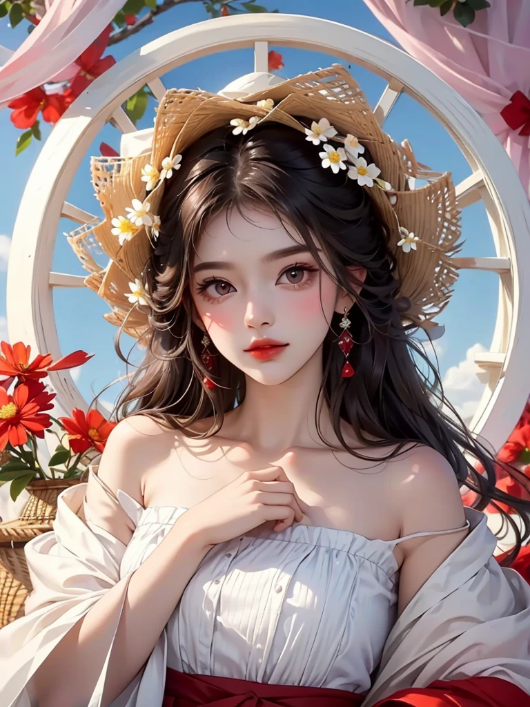 high quality,There is a girl with a basket of flowers on her head,Beautiful woman in gorgeous clothes,Greasy and shiny red lipid hair,(Upper Body)Features