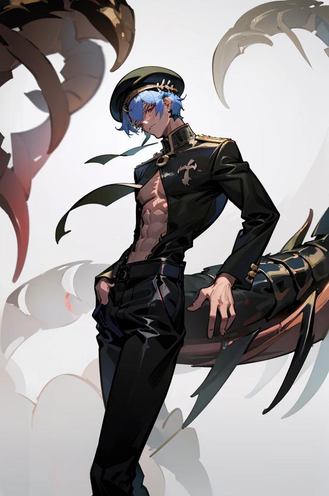 Human physique,Human anatomy,Scorpion tail,person of African descent, Short hair,Beret, Above all,Black pants,Black shoes, Tall man, Male figure 