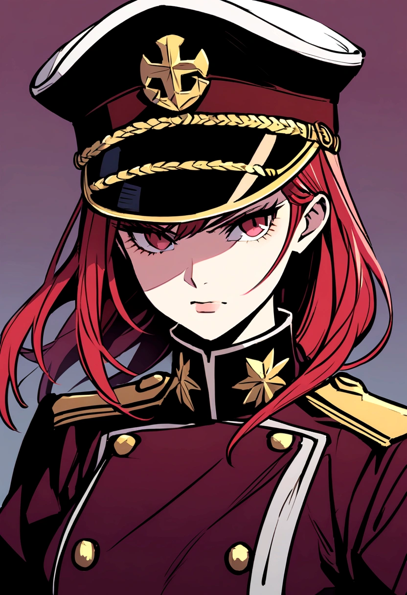 Female admiral, she's tall and has maroon red hair, she wears a grey and Maroon red coat, she has a captains cap, she looks serious and confident