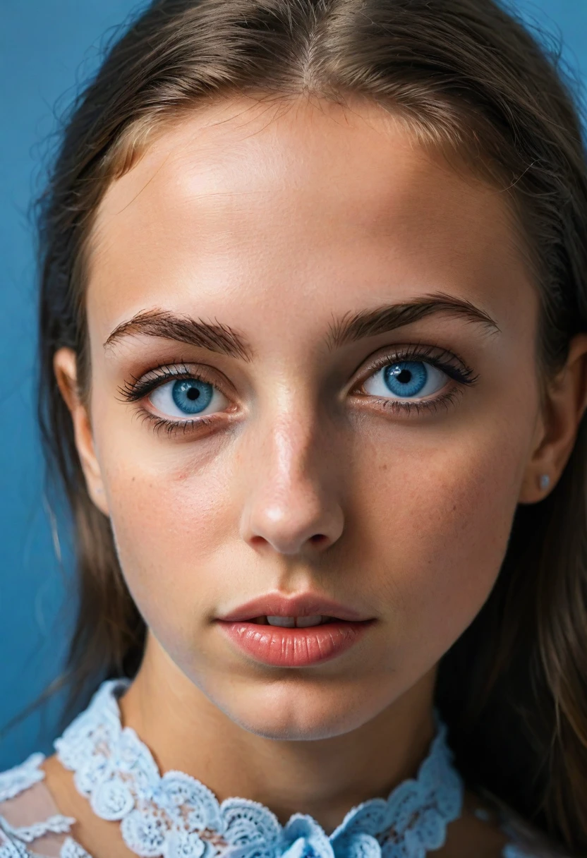 (jaqueta preta de cavaleiro:1.1), (Obra de arte, melhor qualidade, bela , rosto bonito, 8K, Foto CRU, fotorrealista, absurdos:1.2), adolescentes, tiro de vaqueiro, dutch angle, luz facial, Film grain, Chromatic aberration, high resolution, ultra detalhado, detalhes finos, vestido de renda azul claro com babados, pele detalhada, olhos e rosto, pupilas afiadas, alunos realistas, sharp focus, rua