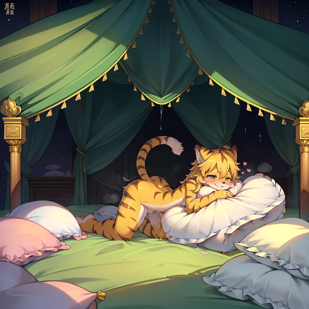 （masterpiece，best quality），my own, The Beast, , (适合任何Pillow背景的光影））, 穿着pajamas可爱女孩在Pillow上摆姿势 ，pajamas，Nature,, (blush),a smile，Pillow头,（很多Pillow），Soft cushion，，Soft pillow quotation，（Pillow损坏），很多Pillow，（Crotch rubbing），（（Pillow驼峰）），（Pillow），（A tail），，（粉色Pillow），（Love around the protagonist），Steam，（Pillow头），（），（豪华Pillow），（Pillow），（palace），（Palace bedroom），（Pillow），柔软的Pillow，，（Classical European style bedroom ），（excited，shy person，Lack of expressiveness，），，pillow humping,mia,tiger tail,tiger ears,Tiger pattern，，Sweat，，Sweaty，(Body swing，身体Shaking lines，Shaking lines)，best quality, masterpiece, ((Maximum resolution)), artwork, ，,,(Interior of the palace),(In the bedroom at night),(Deluxe Rococo Canopy King Bed),On a big and spacious bed,(the 女孩 is lying on the bed),Before bedtime,,,Luxurious curtains with ornate ruffles and ribbons surround the bed,((((There are many pillows piled on the bed)))),Detail of Quilt,Detailed bed sheets,Ruffled Bed Skirt,Deep Bed,Background with depth,((详细的Pillow)), ((((大量的Pillow))))，peeing，squatting，water,urine,Shaking lines，wetting pillows,Flowing liquid，Violent body shaking，剧烈Shaking lines，详细的软Pillow,,((女孩正躺在许多柔软的Pillow上,周围有许多Pillow))，Splashed liquid，Pillow和床上有水迹，caughtpeeing,Lots of liquids，urine everywhere
