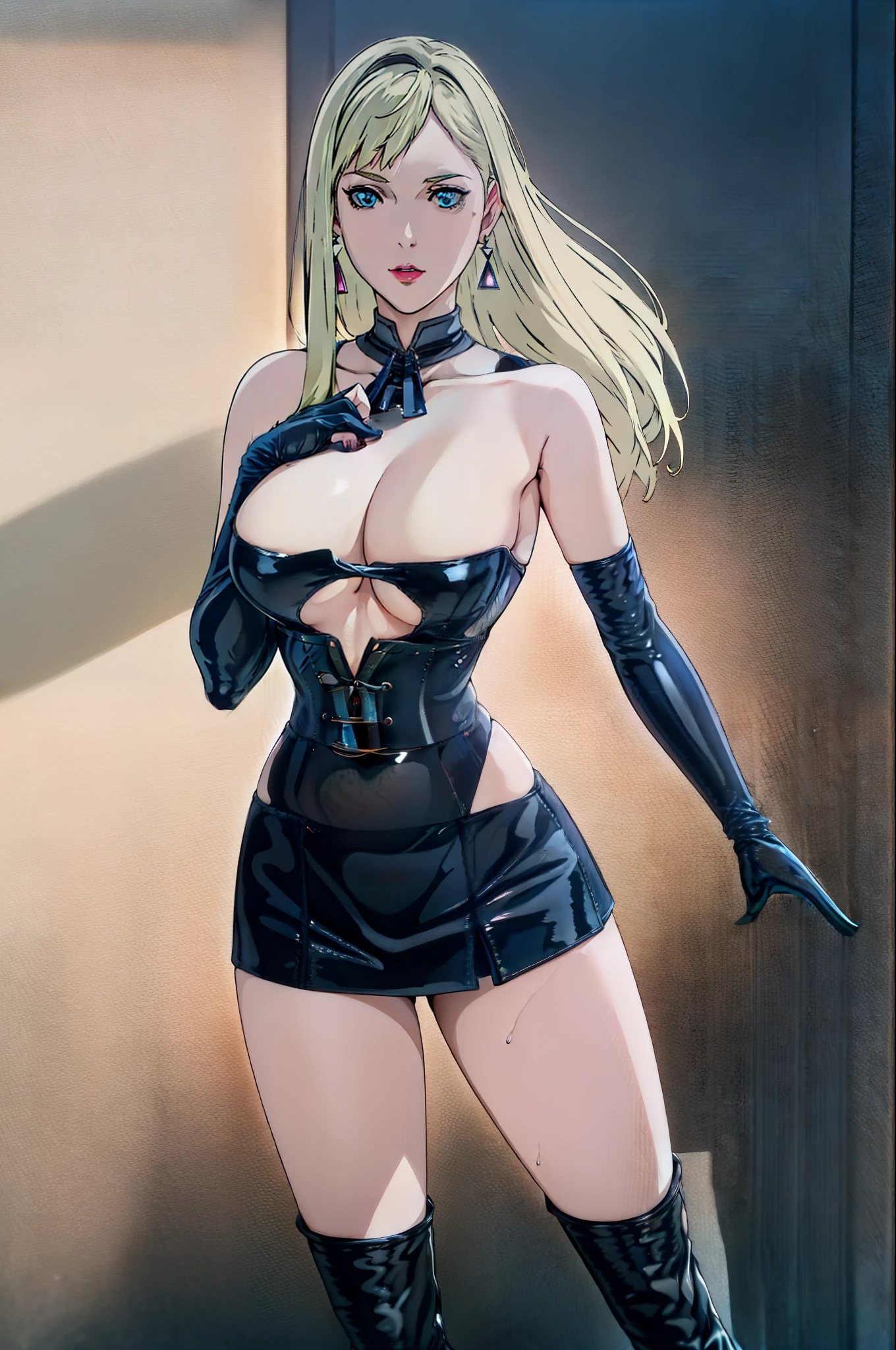 BDSM、Queen、mistress、(((One girl)))、solo、(((Black latex elbow gloves:1.4 )))、(((Black latex corset dress:1.4)))、(((The corset dress is decorated with beautiful lace.)))、(((Corset dress with shoulder straps)))、(((Black latex tight mini skirt:1.4)))、(((Black Thigh Boots)))、(((Black fishnet stockings:1.2 )))、(((Stiletto heels:1.4)))、(((Black latex panties)))、(((Black latex bra)))、(((Black leather collar)))、(((Sexy pose:1.4 )))、Wide-open legs:1.2、(((Erotic)))、(((Cowboy Shot)))、(((Sexy pose)))、Spread your legs、(((erotic)))、(((Cowboy Shot)))、Slim figure、Thin thigh style、Standard-size bust:1.2、(((erotic)))、blush、eyelash, eyehadow, face, lips, Compensate,Earrings、Full body black costume:1.4、
bangs, (((blonde:1.2))), aqua blue eyes:1.2, Long Hair,
1 Girl, 20 years,young woman,beautiful Finger,beautiful long legs,beautiful body,
beautiful Nose,beautiful character design, perfect eye, perfect face,expressive eye,Perfect balance,
Looking at the audience,(Focus on her face),Mouth closed, (Innocent_big_eye:1.0),(Light_笑face:0.3),
Official Art,Very detailedな CG Unity 8k 壁紙, perfect Lighting,colorful, bright_front_face_Lighting,White skin,Perfect anatomical flexibility:1.0),(Highest_quality:1.0), 超High resolution,4K,Very detailed,
photo shoot, 8k, High resolution, High resolution, Confused:1.2, Kodak Portrait 400, Film Grain, Blurred Background, Bokeh:1.2, Lens flare, (Vibrant_color:1.2),Professional photos,
(beautiful,_chest:1.4), (beautiful_face:1.5),(narrow_Waist),