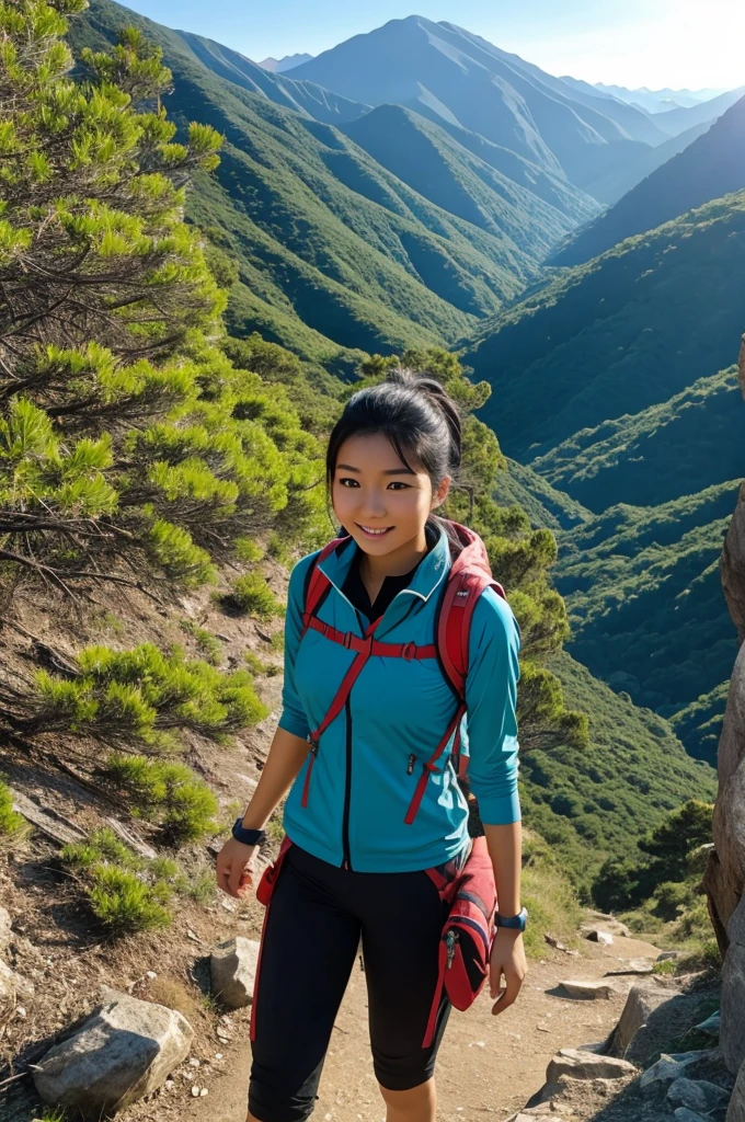 woman standing on a mountain with a pink scarf on her shoulder, in jungle forest peak, yun ling, xintong chen, in mountains, in front of a forest background, with mountains in the background, joy ang, moutain in background, with mountains in background, in jungle forest !!!, with mountains as background, nivanh chanthara, in the mountains, big bobs, bobs,