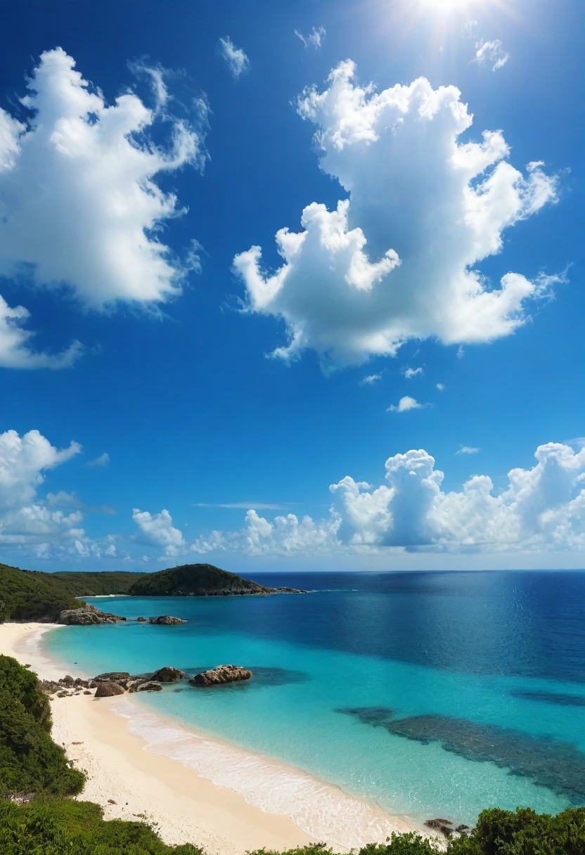 paisagem, summer, blue sky, Okinawa, private praia, enseada, mar, desabitado, praia, nobody, clima quente, sol, Detalhe HD, ultra detalhe, film, Hiperrealismo, Luz suave, bokeh de foco profundo, rastreamento de raios, Gwise at Pixiv Art Station, makoto shinkai, Arte Germe