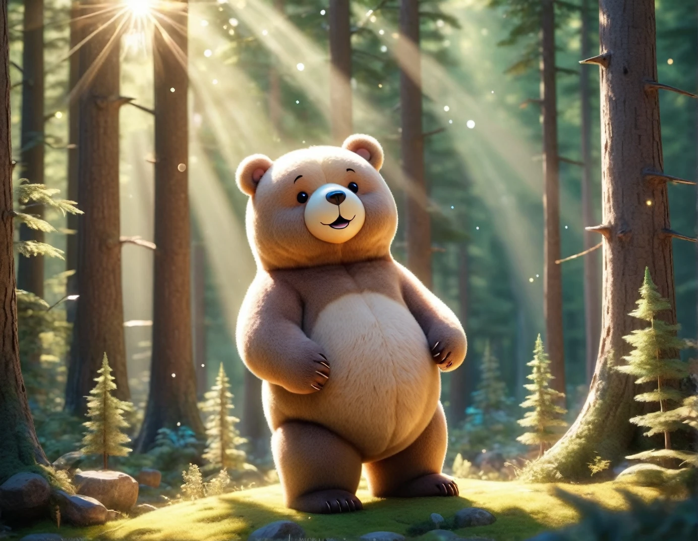 A fluffy, round bear、Cute Bear、3D image forest、Sunlight filtering through the trees、Sparkling、bright、fun