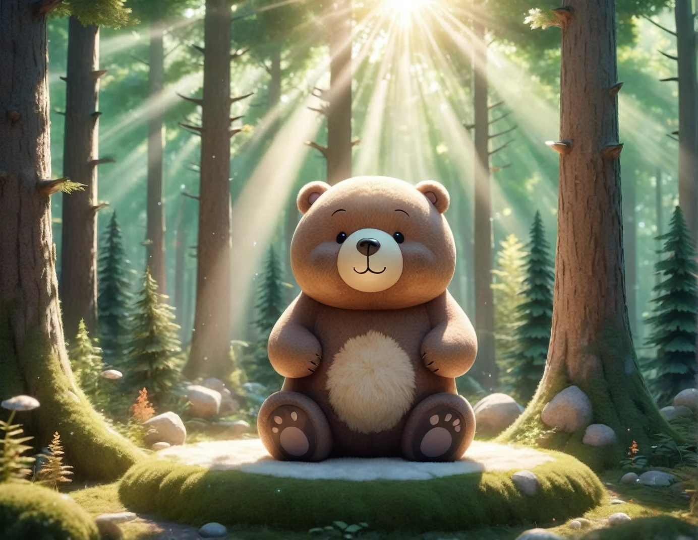 A fluffy, round bear、Cute Bear、3D image forest、Sunlight filtering through the trees、Sparkling、bright、fun